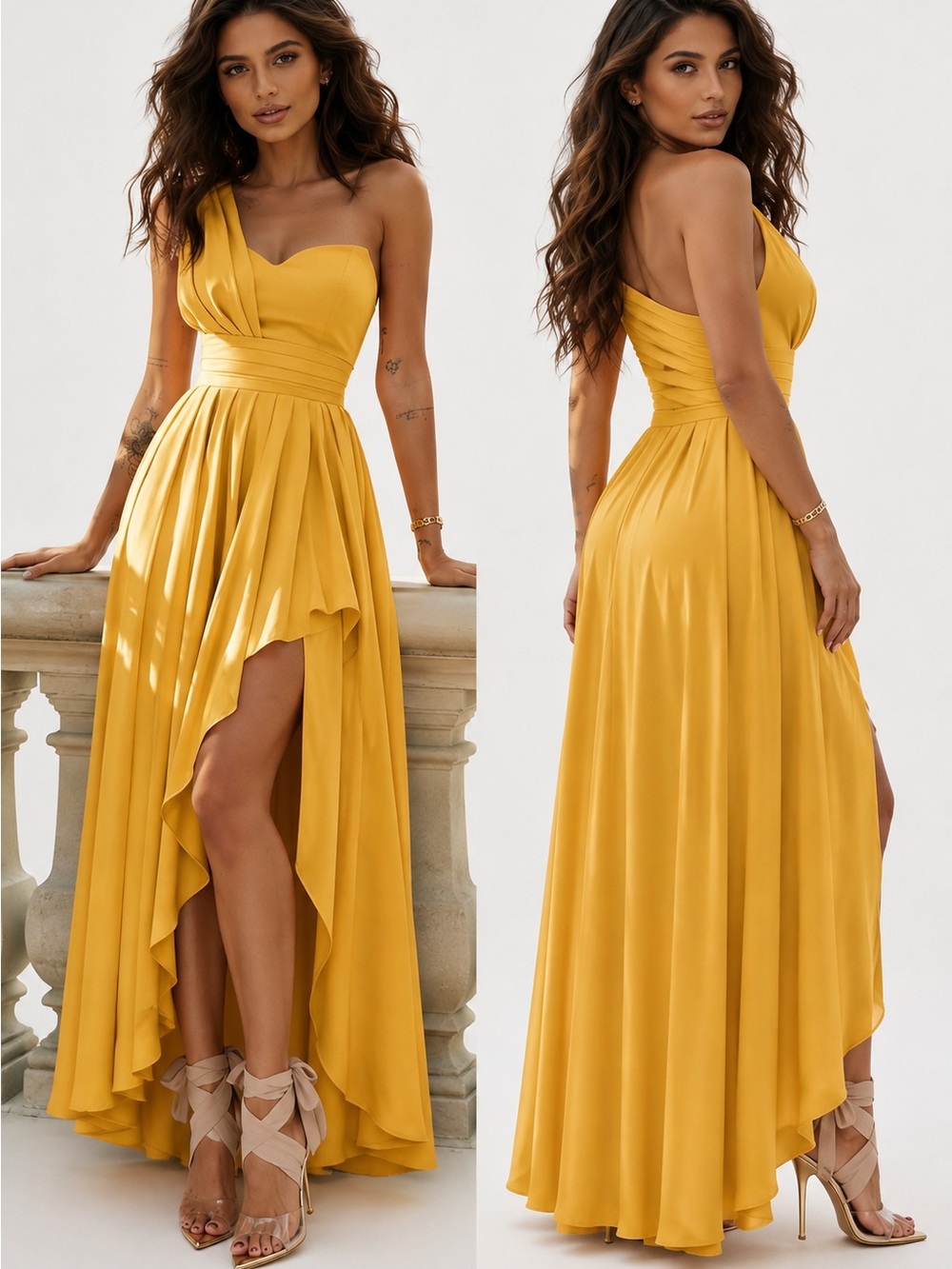 Golden One-Shoulder High-Low Evening Dress